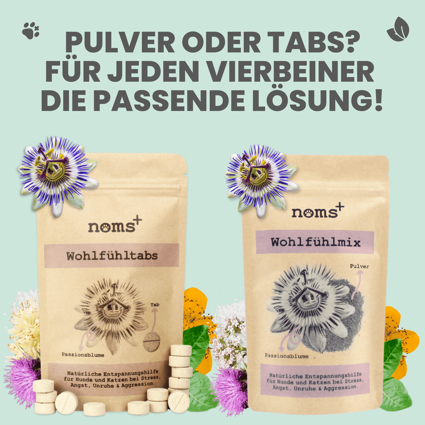 noms+ Wohlfühlmix für Hunde und Katzen bei Stress, Angst, Unruhe und Hyperaktivität (150g)