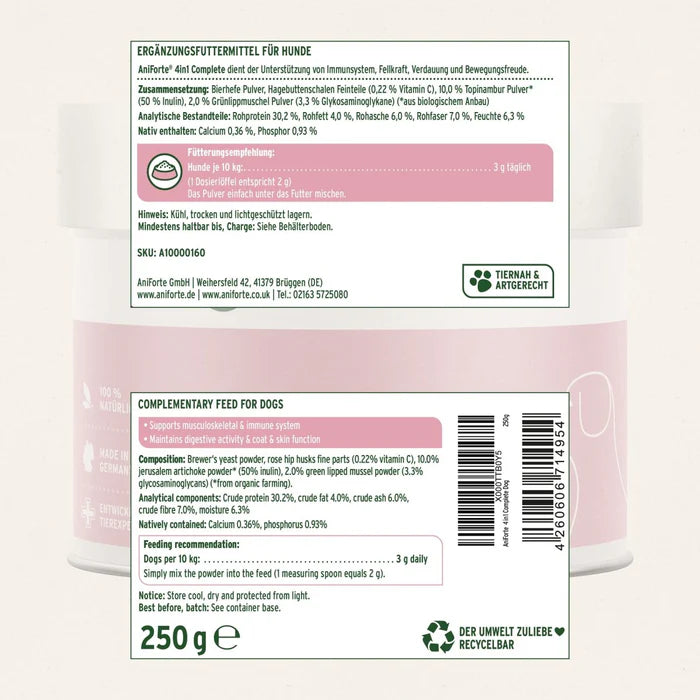 AniForte® 4in1 Complete Dog Etikett – Fördert das Immunsystem, Gelenke und Fell mit hochwertigen Naturstoffen für Hunde.