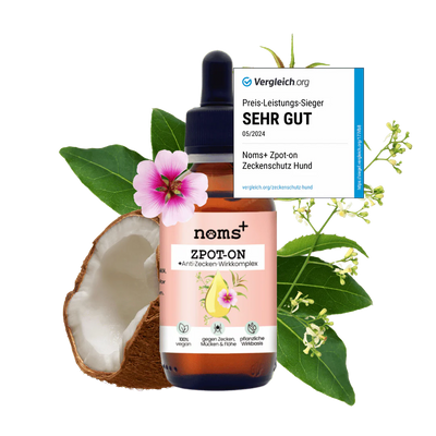 noms+ Zpot-on für Hunde – Effektives Anti-Zecken Spot-on mit Saltidin und natürlichen Ölen wie Geranium-, Eukalyptus-, Niem- und Kokosöl. Langanhaltender Schutz vor Zecken & Flöhen, hautfreundlich und einfach anzuwenden.