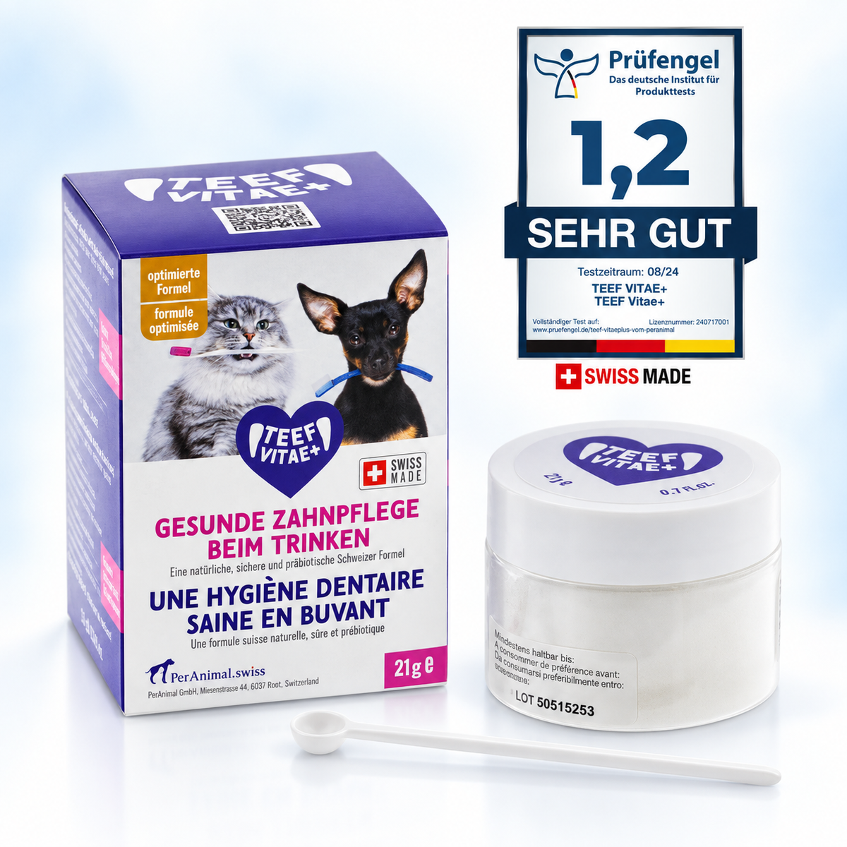 TEEF VitaePlus 21 g – Verpackung, Dose und abgebildetes Prüfengel-Testsiegel