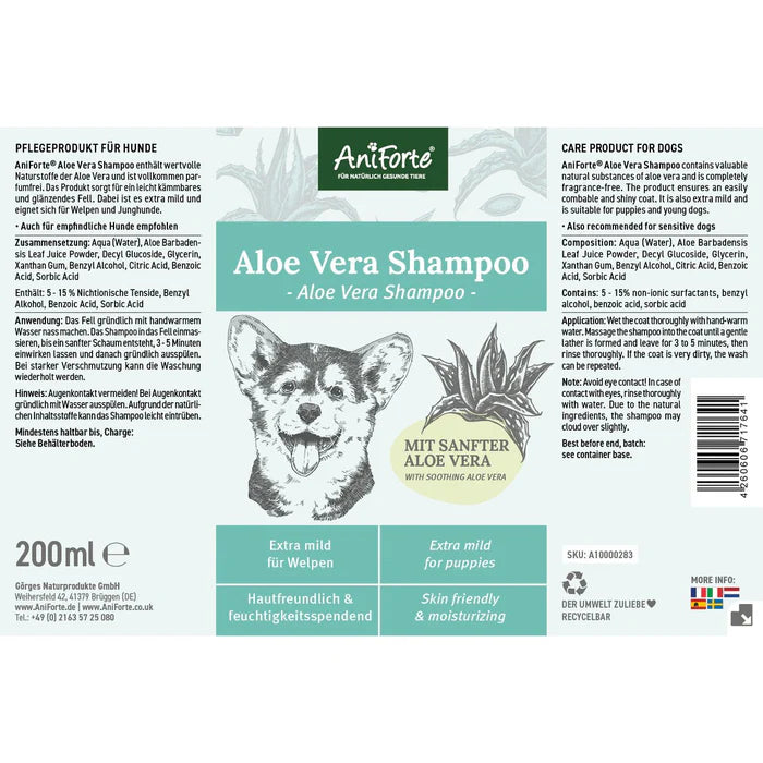 Aloe Vera Shampoo für Hunde – Feuchtigkeitsspendend und beruhigend, ideal für empfindliche Haut und tägliche Anwendung bei Welpen und erwachsenen Hunden.