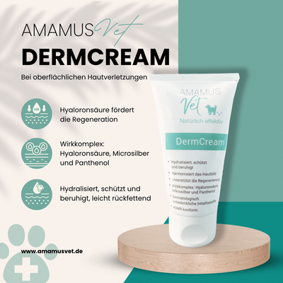 AMAMUS Vet Dermcream – Wundheilung und Hautpflege für Haustiere mit Hyaluronsäure, Mikrosilber und Panthenol zur Unterstützung der Hautregeneration.