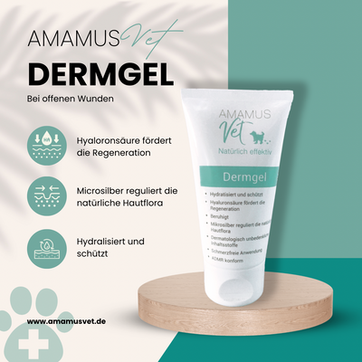 AMAMUS Vet Dermgel – Hautpflege für Haustiere mit Hyaluronsäure und Mikrosilber zur Förderung der Wundheilung und Unterstützung bei Hautirritationen.