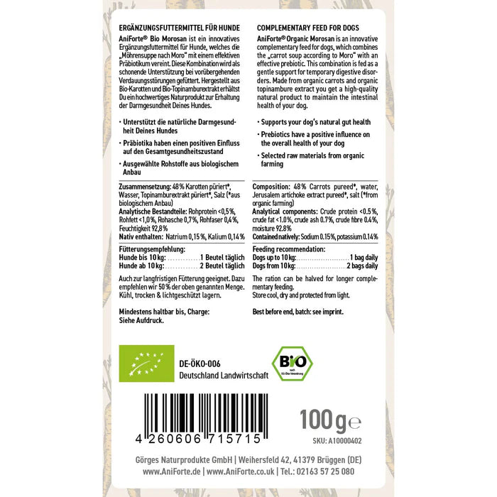 AniForte® Bio Morosan für Hunde – Präbiotische Kost aus Bio-Zutaten zur Förderung einer gesunden Verdauung bei empfindlichem Darm.