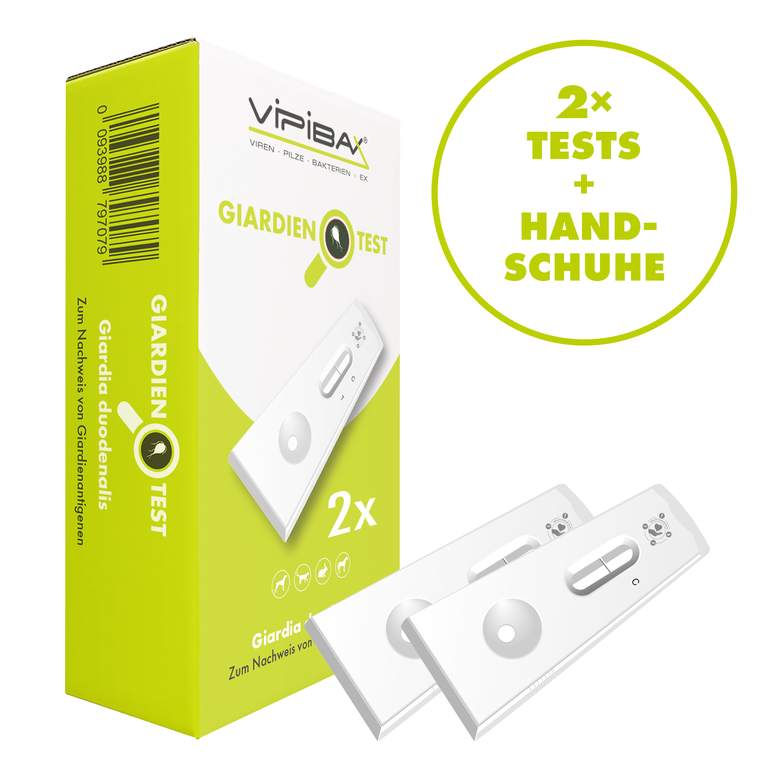 Giardien Test Verpackung mit zwei Giardien Tests und Handschuhen