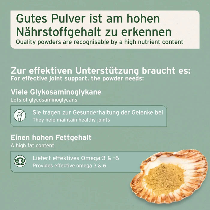 Grünlippmuschel-Pulver für Vierbeiner – Unterstützung für Knochen, Knorpel und Beweglichkeit.