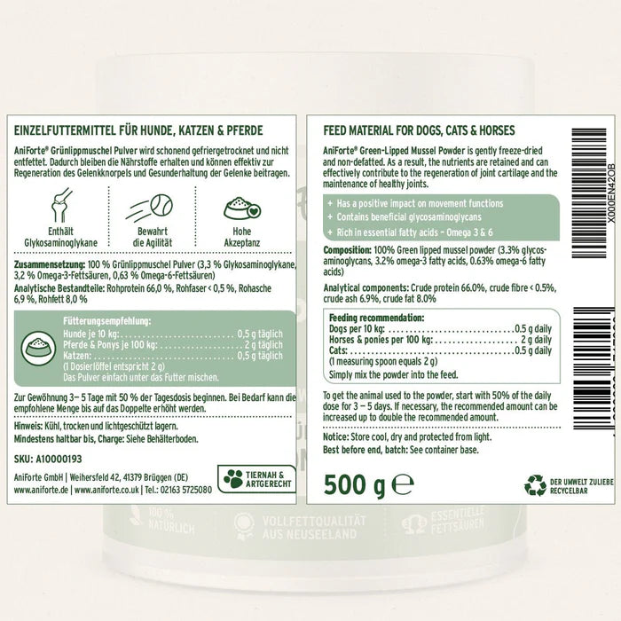 Aniforte Grünlippmuschel für Haustiere – 100 % natürliches Pulver zur Förderung der Beweglichkeit.