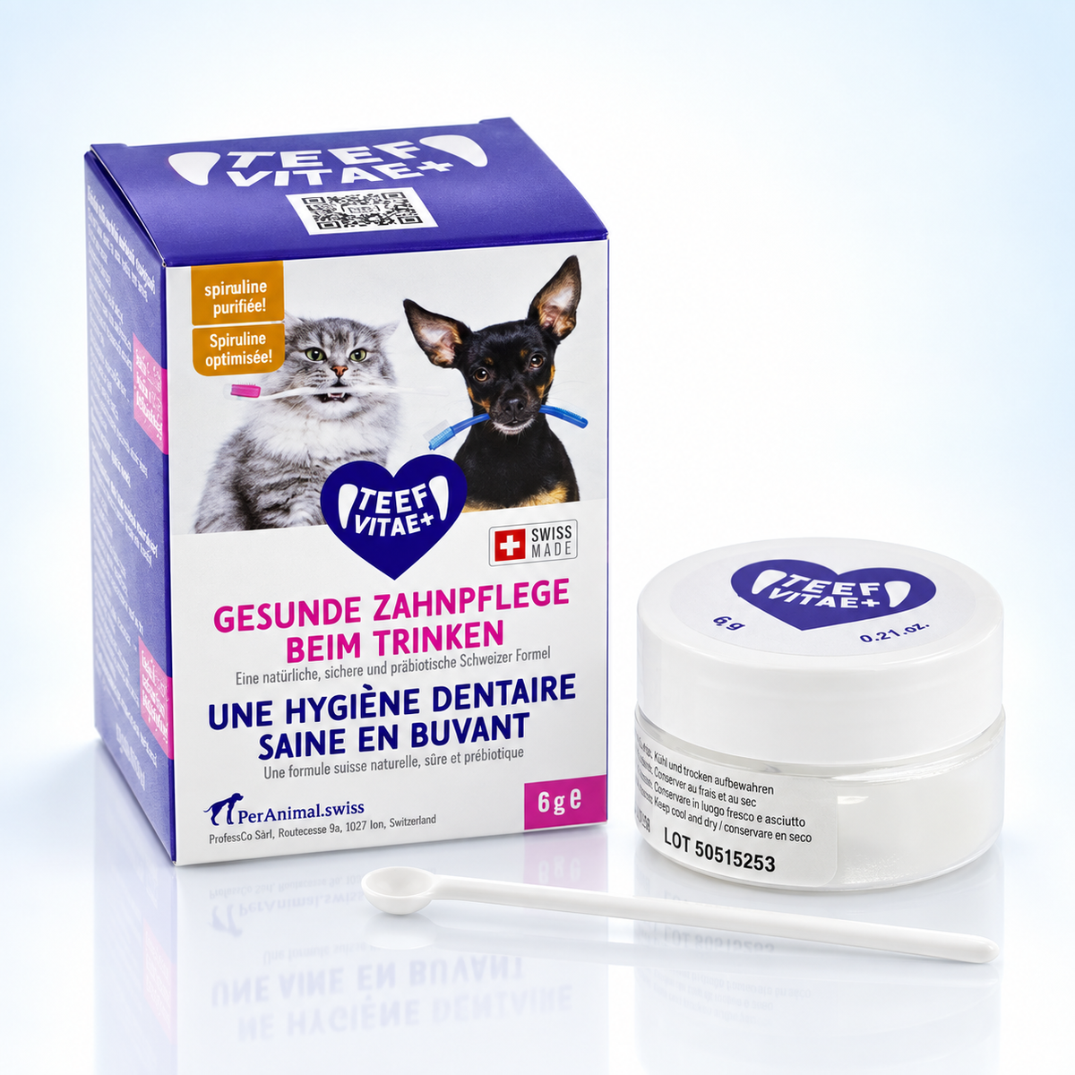 TEEF VitaePlus 6 g – Verpackung mit Dose und Messlöffel